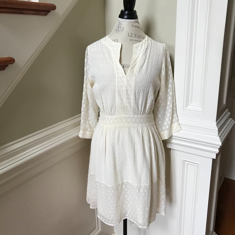 Tory Burch Embroidered Boho Dress 10 M Ivory Cream V-Neck 3/4 Sleeve